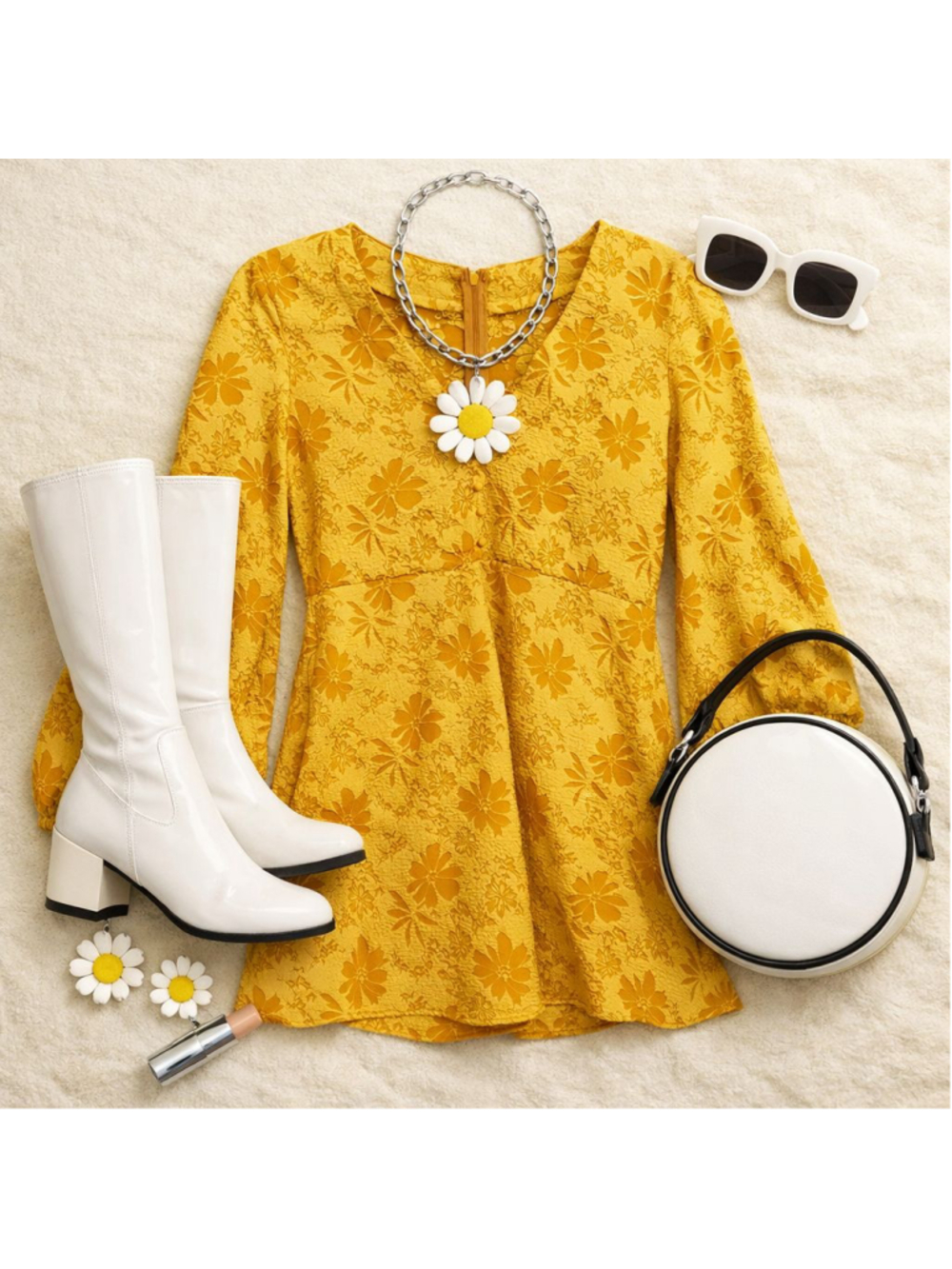 Cider Yellow Textured Floral Retro 60s 70s Style Mini Dress